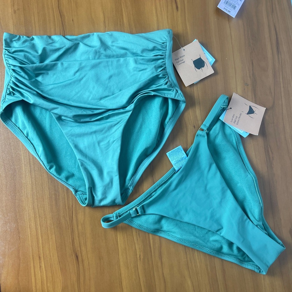 Lot of 2 Teal Bikini Bottoms Set High Waist Full & Low Rise Cheeky Size Small
